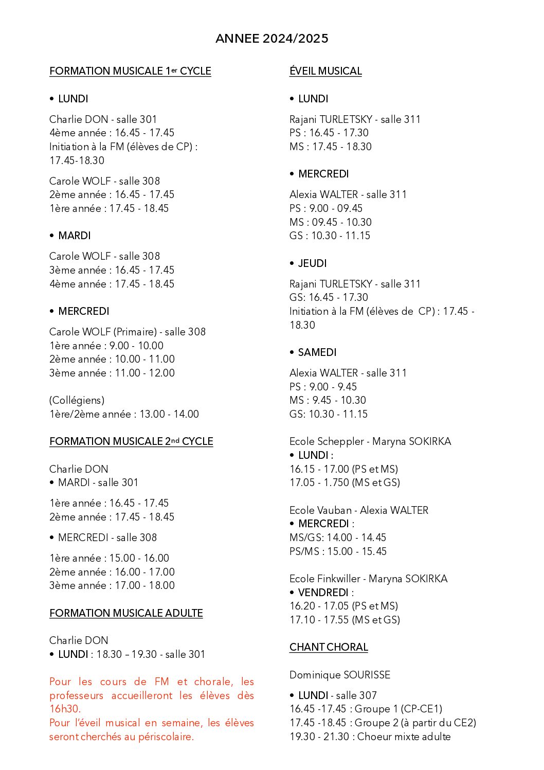 Horaires FM-Eveil-Chorale